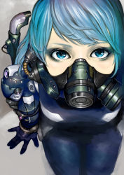 Rule 34 | 1girl, blue eyes, blue hair, colored eyelashes, gas mask, highres, junjunforever, mask, matching hair/eyes, original, power suit, rebreather, respirator, solo