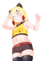 Rule 34 | 1girl, absurdres, atg (wttoo0202), bare arms, bare shoulders, belt, belt buckle, black thighhighs, blonde hair, blush, breasts, buckle, child, crop top, from below, hair ornament, hairclip, highres, midriff, navel, original, shorts, simple background, small breasts, solo, thighhighs, white background