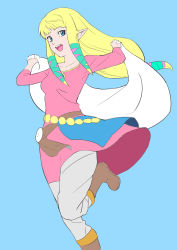 Rule 34 | 1girl, :d, blonde hair, blue background, blue eyes, boots, breasts, brown footwear, collarbone, dress, flat color, highres, leg up, long hair, long sleeves, low-tied long hair, nintendo, open mouth, pants, pants under dress, pink dress, pointy ears, pretty-purin720, princess zelda, round teeth, simple background, small breasts, smile, solo, teeth, the legend of zelda, the legend of zelda: skyward sword, white pants
