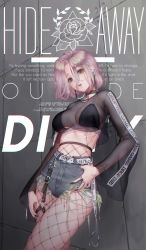 Rule 34 | 1girl, belt, black bra, black nails, blush, bra, breasts, choker, chromatic aberration, clothes writing, crop top, crop top overhang, earrings, fishnet pantyhose, fishnets, glint, goth fashion, gothic, green eyes, hair between eyes, head tilt, highres, jewelry, long sleeves, looking at viewer, love cacao, multiple earrings, multiple rings, nail polish, o-ring, original, pantyhose, parted lips, pink hair, pink lips, ring, see-through, short hair, shorts, skindentation, tattoo, thighs, thumb in pocket, underwear, wide sleeves