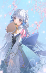Rule 34 | 1girl, absurdres, ayaka (genshin impact), back bow, blue bow, blue dress, blue eyes, blue sky, blunt tresses, blurry, blush, bow, braid, braided hair rings, breasts, butterfly hair ornament, buttons, cherry blossoms, covered mouth, depth of field, dress, flower, genshin impact, gold trim, hair flower, hair ornament, hair rings, hand up, hat, hat flower, hat leaf, unworn hat, unworn headwear, highres, holding, holding clothes, holding hat, kamisato ayaka, kamisato ayaka (springbloom missive), long hair, long sleeves, mole, mole under eye, multicolored clothes, multicolored dress, neck tassel, official alternate costume, official alternate hairstyle, outdoors, puffy long sleeves, puffy sleeves, sky, small breasts, solo, twitter username, white flower, white hair, yellow flower, yukiri (l ii)