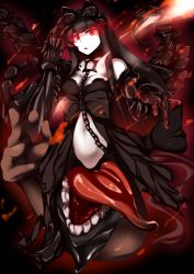 Rule 34 | 10s, 1girl, abyssal ship, bare shoulders, black bow, black hair, bow, breasts, chain, choker, claws, female focus, gauntlets, glowing, glowing eyes, gothic lolita, hair bow, kantai collection, large breasts, lolita fashion, long hair, navel, red eyes, seaplane tender princess, solo, spikes, tongue, yottin