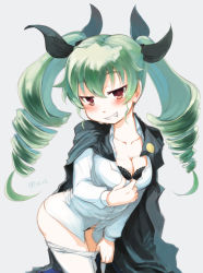 Rule 34 | 10s, 1girl, anchovy (girls und panzer), black bra, black panties, blush, bra, breasts, cape, cleavage, clothes pull, collarbone, drill hair, fang, girls und panzer, green hair, grin, hair ribbon, highres, kannasetsuna, lace, lace-trimmed bra, lace trim, long hair, looking at viewer, medium breasts, military, military uniform, panties, pantyhose, pantyhose pull, red eyes, ribbon, school uniform, simple background, smile, solo, twin drills, twintails, underwear, uniform, white pantyhose