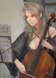 Rule 34 | 1girl, bad id, bad pixiv id, beamed quavers, blonde hair, cello, crotchet rest, earrings, artistic error, fingernails, highres, instrument, jewelry, lips, long fingernails, miche, music stand, musical note, nail, original, purple eyes, realistic, sheet music, solo