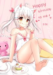 Rule 34 | &gt; &lt;, 1girl, :q, ahoge, animal ear fluff, animal ears, bare arms, bare legs, bare shoulders, barefoot, blush, breasts, brown eyes, cake, camisole, cat ears, cat girl, cat hair ornament, cat tail, cleavage, closed eyes, closed mouth, collarbone, commentary request, dated, feet, fingernails, food, food on hand, frilled pillow, frills, hair between eyes, hair ornament, hair ribbon, hand up, happy birthday, heart, heart ahoge, highres, legs, long hair, original, pillow, plate, red ribbon, ribbon, short shorts, shorts, silver hair, sitting, small breasts, smile, soles, solo, strap slip, stuffed animal, stuffed cat, stuffed toy, tail, tongue, tongue out, twintails, white camisole, white shorts, wrist cuffs, xiaosamiao