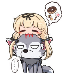 Rule 34 | ..., 1girl, 1other, animal ear fluff, animal ears, asimo953, biting, black ribbon, blonde hair, blood, candy, chibi, commentary request, cookie, doughnut, closed eyes, fangs, food, hair ribbon, halloween, kantai collection, long hair, on head, ribbon, role reversal, simple background, speech bubble, tail, tress ribbon, twintails, white background, wolf, wolf ears, wolf tail, yuudachi (kancolle)
