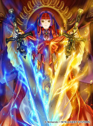 Rule 34 | 1girl, bow, brown eyes, cape, dual wielding, fire emblem, fire emblem: path of radiance, fire emblem: radiant dawn, fire emblem cipher, gem, glowing, glowing sword, glowing weapon, headband, holding, holding sword, holding weapon, indoors, kita senri, long hair, looking at viewer, magic, nintendo, official art, purple hair, red bow, red cape, red headband, sanaki kirsch altina, smile, solo, standing, sword, very long hair, watermark, weapon