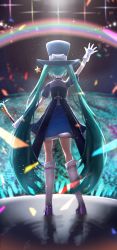Rule 34 | 1girl, aqua hair, arm up, audience, backlighting, black headwear, blue dress, blue headwear, boots, bow, commentary, concert, confetti, diffraction spikes, dress, from behind, full body, gloves, glowstick, hair ornament, hat, hat bow, hatsune miku, highres, holding, holding wand, itogari, knee boots, light particles, long hair, magical mirai (vocaloid), magical mirai miku, magical mirai miku (2013), outstretched arm, penlight (glowstick), rainbow, standing, star (symbol), star hair ornament, top hat, twintails, very long hair, vocaloid, wand, waving, white gloves
