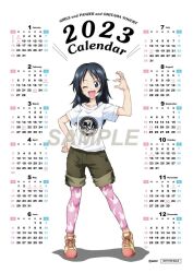 Rule 34 | 1girl, ;d, animal print, blue eyes, blue hair, calendar (medium), chinese zodiac, copyright name, english text, freckles, girls und panzer, green shorts, hand gesture, hand on own hip, leggings, long hair, official alternate costume, official art, one eye closed, open mouth, rabbit print, sample watermark, shirt, shoes, shorts, smile, solo, t-shirt, watermark, white shirt, yamagou ayumi, year of the rabbit, yellow footwear
