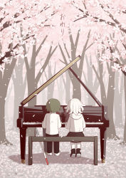 Rule 34 | 1boy, 1girl, :d, avogado6, bench, black footwear, black pants, black skirt, blind, boots, cane, cherry blossoms, commentary request, forest, from behind, green hair, highres, hood, hood down, hooded jacket, instrument, jacket, long sleeves, music, nature, on bench, open mouth, original, pants, piano, playing instrument, playing piano, reflection, shirt, shoes, sitting, skirt, smile, snake hair, translation request, tree, white cane, white footwear, white hair, white jacket, white shirt