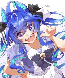 Rule 34 | 1girl, absurdres, ahoge, animal ears, aqua hair, black bow, black bowtie, black ribbon, blue eyes, blue hair, bow, bowtie, commentary, crossed bangs, daiwa uho, hair ribbon, hand on own hip, heterochromia, highres, horse ears, horse girl, horse tail, long hair, looking at viewer, multicolored hair, open mouth, pleated skirt, pointing, pointing at self, pointing at viewer, puffy short sleeves, puffy sleeves, purple eyes, purple shirt, ribbon, sailor collar, sharp teeth, shirt, short sleeves, sidelocks, skirt, smile, solo, standing, tail, teeth, twin turbo (umamusume), twintails, twitter username, two-tone hair, umamusume, white sailor collar, white skirt