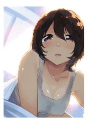 Rule 34 | 1girl, :d, akagi asahito, breasts, brown eyes, brown hair, cleavage, collarbone, covered erect nipples, highres, large breasts, looking at viewer, lying, on stomach, open mouth, original, short hair, smile, solo, tank top