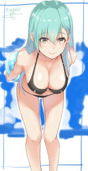 Rule 34 | 10s, 1girl, alternate costume, aqua hair, arms behind back, bare legs, bare shoulders, bikini, black bikini, breasts, cleavage, commentary request, eyebrows, hair between eyes, hanging breasts, isshiki (ffmania7), kantai collection, large breasts, long hair, looking at viewer, solo, string bikini, suzuya (kancolle), swimsuit