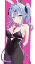 Rule 34 | 1girl, absurdres, animal ears, arms behind back, bare shoulders, black leotard, black pantyhose, blue eyes, blue hair, blush, bow, bowtie, breasts, clothing cutout, cutout above navel, detached collar, fake animal ears, hair ornament, hatsune miku, heart cutout, highres, leotard, looking at viewer, object in bra, pantyhose, pink pupils, playboy bunny, pole, rabbit ears, rabbit hole (vocaloid), smile, solo, stripper pole, tamamorh, teardrop facial mark, twintails, vocaloid, x hair ornament