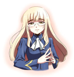 Rule 34 | 00s, 1girl, blonde hair, glasses, kawaguchi hyoue, long hair, military, military uniform, perrine h. clostermann, smile, solo, steepled fingers, strike witches, uniform, world witches series, yellow eyes
