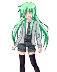Rule 34 | 00s, 1girl, green hair, hair over eyes, jacket, long hair, lucky star, mai (t-5), mai t-5, solo, thighhighs, transparent background, twintails, yamanobe tamaki
