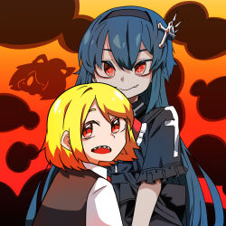Rule 34 | 2girls, bianca (black survival), black dress, black hairband, black survival, black vest, blonde hair, blue hair, blush, closed mouth, commentary request, cross-shaped pupils, cross hair ornament, crossover, dress, fang, fang out, flat chest, frilled sleeves, frills, gothic lolita, hair between eyes, hair ornament, hair ribbon, hairband, highres, kurodani yamame, lolita fashion, looking at viewer, multiple girls, open mouth, orange background, red eyes, red ribbon, ribbon, rinyamame, rumia, sharp teeth, shirt, short hair, smile, symbol-shaped pupils, teeth, touhou, upper body, vest, white shirt