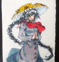Rule 34 | 1girl, black hair, braid, buttons, clothes writing, dress, long earlobes, open mouth, own hands together, red eyes, scarf, smile, snow, solo, torn clothes, touhou, twin braids, twintails, yatadera narumi, yudaoshan