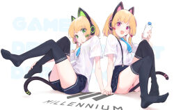Rule 34 | 2girls, absurdres, animal ear headphones, animal ears, blonde hair, blue archive, blush, bow, breasts, cat ear headphones, cat ears, fake animal ears, fake tail, green eyes, hair bow, halo, headphones, highres, holding, looking at viewer, medium breasts, midori (blue archive), minase yuki, momoi (blue archive), multiple girls, open mouth, school uniform, shirt, short hair, short sleeves, shorts, siblings, simple background, sisters, sitting, skirt, smile, suspenders, tail, thighhighs, twins, white shirt