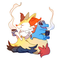 animal_ears bluekomadori braixen closed_eyes creatures_(company) cup fox_ears fox_tail furry game_freak gen_2_pokemon gen_6_pokemon holding hot_chocolate mug nintendo open_mouth pokemon pokemon_(creature) sharp_teeth simple_background sitting smile steam tail teeth totodile white_background