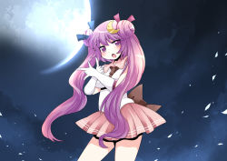 Rule 34 | 1girl, :o, alternate costume, alternate hairstyle, bad id, bad pixiv id, bare legs, bishoujo senshi sailor moon, blush, bow, breasts, choker, commentary, cosplay, crescent, crescent hair ornament, double bun, elbow gloves, female focus, full moon, gesture, gloves, hair bun, hair ornament, hair ribbon, hammer (sunset beach), long hair, magical girl, medium breasts, moon, night, no headwear, open mouth, parody, patchouli knowledge, pink skirt, purple eyes, purple hair, red bow, ribbon, sailor collar, sailor moon, sailor moon (cosplay), sailor senshi, sailor senshi (cosplay), shirt, skirt, smile, solo, touhou, tsuki ni kawatte oshioki yo, twintails, unofficial sailor senshi uniform, very long hair, white gloves