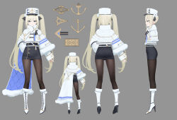 Rule 34 | 1girl, absurdres, anchor, arm at side, belt, black ribbon, black skirt, blonde hair, blue eyes, blush, boots, brown pantyhose, cape, capelet, chirang, cropped arms, cropped jacket, facing away, from side, full body, fur-trimmed boots, fur-trimmed cape, fur-trimmed capelet, fur-trimmed jacket, fur trim, gold trim, grey background, grin, hair ornament, hair ribbon, hand on own hip, hat, high heel boots, high heels, highres, jacket, kepi, knee boots, long hair, looking afar, looking at viewer, military hat, multiple views, original, pantyhose, pencil skirt, pom pom (clothes), pom pom hair ornament, ribbon, shirt, side cape, sidelocks, simple background, skirt, sleeve cuffs, sleeves past wrists, smile, standing, twintails, very long hair, white belt, white cape, white capelet, white footwear, white hat, white jacket, white shirt