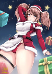 Rule 34 | 1girl, absurdres, atlanta (kancolle), blurry, box, breasts, brown hair, depth of field, dress, from below, gift, gift box, grey eyes, highres, kantai collection, large breasts, long hair, official alternate costume, panties, red dress, red headwear, red panties, shirokuni ochiho, solo, star (symbol), two side up, underwear