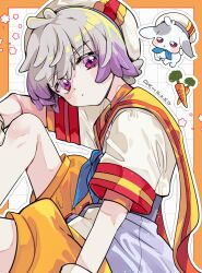 1boy :&lt; arm_rest asako_(itiba) beret blue_neckerchief border cape carrot character_name checkered_background closed_mouth daifuku_(precure) gloves grey_hair hat head_tilt highres knee_up looking_at_viewer magical_boy male_focus multicolored_hair neckerchief orange_border orange_shirt orange_shorts outline precure purple_eyes purple_hair rabbit shirt short_hair short_sleeves shorts sitting solo toyama_daifuku two-tone_hair white_background white_gloves white_hat white_outline wonderful_precure! yellow_cape