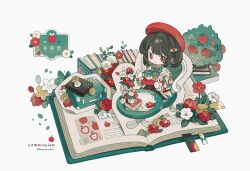 Rule 34 | 1girl, apple, apple print, argyle, argyle clothes, argyle jacket, armchair, beret, black hair, blue bow, blue bowtie, book, book stack, bow, bowtie, bush, candy hair ornament, chair, character name, chest (furniture), chest jewel, chibi, closed mouth, coffee, commission, cup, flower, food, food-themed hair ornament, frilled sleeves, frills, fruit, gem, green jacket, hair ornament, hat, highres, holding, holding cup, holding plate, jacket, kanae (cookie), looking at viewer, mug, multicolored clothes, multicolored jacket, open book, open clothes, open jacket, original, oversized object, plate, red bow, red eyes, red flower, red gemstone, red hat, short hair, simple background, sitting, smile, solo, table, tablecloth, twitter username, two-tone jacket, vase, white background, white flower, white jacket, wrist bow, yellow flower