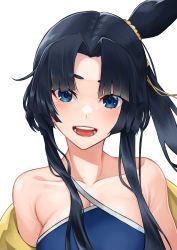 Rule 34 | 1girl, blue eyes, collarbone, eyebrows hidden by hair, fate/grand order, fate (series), highres, jacket, kugatunohito, looking at viewer, open clothes, open jacket, open mouth, parted bangs, portrait, side ponytail, sidelocks, simple background, solo, ushiwakamaru (fate), ushiwakamaru (fate/grand order), ushiwakamaru (swimsuit assassin) (fate), ushiwakamaru (swimsuit assassin) (first ascension) (fate), white background, yellow jacket