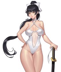 Rule 34 | 1girl, absurdres, azur lane, bare arms, bare shoulders, black hair, blunt bangs, bow, breasts, closed mouth, covered erect nipples, cowboy shot, criss-cross halter, fingernails, gluteal fold, hair bow, halterneck, hand on hilt, hand on own hip, highleg, highleg swimsuit, highres, karmiel, katana, large breasts, legs together, lips, long hair, one-piece swimsuit, pink lips, ponytail, signature, simple background, solo, swimsuit, sword, takao (azur lane), takao (beach rhapsody) (azur lane), thigh gap, very long hair, weapon, white background, white bow, white one-piece swimsuit, yellow eyes