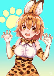 Rule 34 | 10s, 1girl, animal ears, blush, bow, bowtie, breasts, elbow gloves, gloves, highres, kemono friends, large breasts, looking at viewer, multicolored clothes, multicolored gloves, open mouth, orange bow, orange bowtie, orange eyes, orange gloves, orange hair, serval (kemono friends), short hair, smile, solo, tomu (zundaizu106), upper body, white gloves