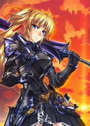 Rule 34 | 1girl, armor, armored dress, bad id, bad pixiv id, blonde hair, blue eyes, cloud, cloudy sky, cowboy shot, evening, expressionless, full armor, gauntlets, gloves, hair ribbon, highres, knight, light rays, light smile, long hair, looking at viewer, orange sky, original, pauldrons, plate armor, ribbon, shirokuma a, shoulder armor, sky, smile, solo, standing, sunlight, sunset, sword, two side up, weapon