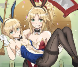 Rule 34 | 2girls, ahoge, animal ears, aqua eyes, artoria pendragon (all), artoria pendragon (fate), bad id, bad twitter id, bare shoulders, black bow, black footwear, black pantyhose, blonde hair, blue leotard, blush, bow, bowtie, braid, breasts, carrying, carrying person, collarbone, detached collar, fake animal ears, fate/grand order, fate (series), french braid, gloves, grin, highres, leotard, long hair, looking at viewer, meme attire, mordred (fate), mother and daughter, multiple girls, pantyhose, playboy bunny, ponytail, princess carry, rabbit ears, red leotard, red scrunchie, saber (fate), scrunchie, sidelocks, small breasts, smile, smirk, teeth, tonee, translucent bunnysuit, white gloves