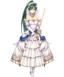 Rule 34 | 1girl, bare shoulders, breasts, bridal veil, bride, candle, collarbone, detached collar, dress, earrings, female focus, fire, fire emblem, fire emblem: the blazing blade, fire emblem heroes, fire, flower, full body, green eyes, green hair, hair flower, hair ornament, high ponytail, highres, holding, jewelry, long hair, looking at viewer, lyn (bridal) (fire emblem), lyn (fire emblem), matching hair/eyes, necklace, nintendo, official alternate costume, official art, ponytail, sleeveless, sleeveless dress, smile, solo, standing, strapless, strapless dress, transparent background, veil, very long hair, weapon, wedding dress, white dress, white footwear, yamada koutarou