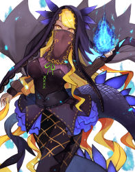 Rule 34 | 1girl, absurdres, blonde hair, blue fire, breasts, dark-skinned female, dark skin, dragon girl, dragon horns, dragon tail, fate/grand order, fate (series), fire, haru torimaru, highres, horns, large breasts, long hair, looking at viewer, mouth veil, solo, swept bangs, tail, veil, vritra (fate), white background, yellow eyes