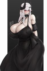 Rule 34 | 1girl, absurdres, alternate breast size, arknights, bare shoulders, black dress, blush, breasts, cleavage, collarbone, core, dress, heavy breathing, highres, horns, huge breasts, long hair, mudrock (arknights), pointy ears, red eyes, signature, solo, thighs, white hair, zer0.zer0