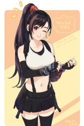 Rule 34 | 1girl, adjusting clothes, adjusting gloves, alternate hairstyle, black gloves, black hair, black skirt, black thighhighs, bracer, breasts, crop top, earrings, final fantasy, final fantasy vii, final fantasy vii remake, fingerless gloves, gloves, high ponytail, jewelry, large breasts, long hair, materia, midriff, miniskirt, navel, ohse, one eye closed, red eyes, single earring, skirt, solo, stomach, suspender skirt, suspenders, tank top, thighhighs, thighs, tifa lockhart, white tank top, zettai ryouiki