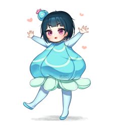 Rule 34 | 1girl, :3, :d, aged down, bad id, bad twitter id, blue hair, blush, bodysuit, child, commentary, costume, dress, english commentary, flower, full body, hair flower, hair ornament, long sleeves, looking at viewer, love live!, love live! sunshine!!, medium hair, open mouth, outstretched arms, purple eyes, simple background, smile, solo, spread arms, standing, standing on one leg, terupancake, tsushima yoshiko, twitter username, white background