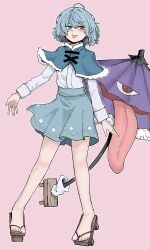 Rule 34 | 1girl, absurdres, ahoge, blue capelet, blue eyes, blue hair, blue skirt, brown footwear, capelet, cross-laced clothes, fe (tetsu), full body, geta, heterochromia, highres, karakasa obake, looking at viewer, pink background, purple umbrella, red eyes, shirt, short hair, simple background, skirt, solo, tatara kogasa, tongue, tongue out, touhou, umbrella, white shirt, wild and horned hermit