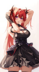 Rule 34 | 1girl, absurdres, arknights, arm strap, bare shoulders, black dress, black thighhighs, blush, breasts, bridal gauntlets, cowboy shot, daisy cutter, dress, hair tie in mouth, hand in own hair, highres, horns, large breasts, long hair, looking at viewer, mouth hold, purple eyes, red hair, simple background, solo, surtr (arknights), thighhighs, thighs, tying hair