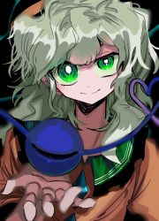 Rule 34 | 1girl, black hat, blouse, blush, bright pupils, buttons, closed mouth, commentary, diamond button, frilled shirt collar, frills, green eyes, green hair, hand up, hat, heart, heart of string, ichirugi, komeiji koishi, long hair, looking at viewer, portrait, shirt, smile, solo, split mouth, third eye, touhou, wavy hair, white pupils, yellow shirt