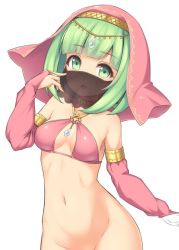 Rule 34 | 1girl, bikini, blunt bangs, bottomless, breasts, detached sleeves, diadem, green eyes, green hair, hand up, head tilt, long sleeves, looking at viewer, medium breasts, navel, original, out-of-frame censoring, parted lips, pink bikini, sasaame, simple background, solo, swimsuit, veil, white background