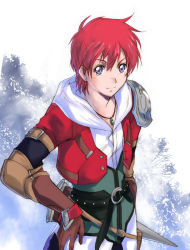 Rule 34 | 1boy, adol christin, falcom, gloves, hand on own hip, jacket, jewelry, male focus, necklace, purple eyes, red hair, scabbard, sheath, smile, solo, xiacheng tatsuya, ys, ys memories of celceta