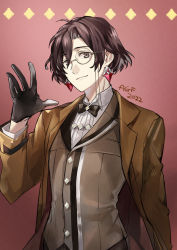 Rule 34 | 1boy, black bow, black bowtie, black gloves, black hair, bow, bowtie, brown coat, brown vest, buttons, coat, constantine xi (fate), diamond (shape), diamond button, earrings, eyewear strap, fate/grand order, fate (series), gloves, grey eyes, hair between eyes, hand up, heki0529, highres, jewelry, looking at viewer, male focus, monocle, official alternate costume, open hand, red background, shirt, short hair, smile, solo, upper body, vest, white shirt