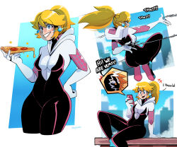 Rule 34 | 1girl, alternate costume, ass, blonde hair, blue eyes, breasts, cellphone, cosplay, crossover, earrings, english text, food, full body, happy, highres, hood, hoodie, jewelry, large breasts, long hair, looking at viewer, mario (series), marvel, nintendo, phone, pizza, pizza slice, ponytail, princess daisy, princess peach, silk, sitting, smile, speech bubble, spider-gwen, spider-man, spider-man (cosplay), spider-man (series), spider web, text messaging, thegreyzen, thighs, venom (marvel)