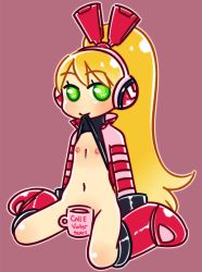 Rule 34 | 1girl, blonde hair, blush, boots, bottomless, call (mighty no. 9), call f, censored, clothes lift, convenient censoring, cup, flat chest, green eyes, hair ribbon, headphones, knee boots, long hair, mighty no. 9, mouth hold, navel, nipples, nyxon, ponytail, ribbon, shirt lift, sitting, solo, source request, striped, striped sleeves, very long hair, wariza