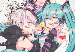 Rule 34 | 2girls, androgynous, aqua eyes, aqua hair, aqua nails, aqua necktie, arm warmers, bare shoulders, black sleeves, commentary, detached sleeves, flower (vocaloid), flower (vocaloid4), furrowed brow, hair ornament, half-closed eyes, hand on another&#039;s face, hatsune miku, headphones, headset, jacket, kazuse616, long hair, looking at another, multicolored hair, multiple girls, nail polish, necktie, purple eyes, purple hair, purple jacket, purple nails, shirt, short hair, shoulder tattoo, sleeveless, sleeveless jacket, sleeveless shirt, smile, streaked hair, striped arm warmers, tattoo, twintails, upper body, very long hair, vocaloid, white hair, white shirt