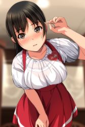 Rule 34 | 1girl, absurdres, black hair, blurry, blurry background, blush, bra, bra visible through clothes, breasts, brown eyes, ceiling, collarbone, dress, highres, large breasts, leaning forward, long hair, looking at viewer, matsunaga kouyou, name tag, open mouth, original, overall skirt, purple eyes, red dress, shirt, teeth, underwear, uniform, upper teeth only, waitress, white bra, white shirt