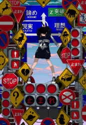Rule 34 | !, 1girl, ?, abduction, arrow (symbol), baseball bat, baseball cap, black footwear, black hat, black shorts, blue sky, broken heart, brown hair, cloud, commentary request, covered eyes, elephant, full body, ghost, hat, heart, highres, holding, holding baseball bat, japanese stop sign, legs apart, long sleeves, no entry sign, no parking sign, no stopping sign, no symbol, original, planet, road closed sign, road closed to all sign, road sign, seraphitalg, shoes, short hair, shorts, sign, sky, sneakers, solo, standing, star (symbol), stop sign, sweater, traffic light, tyrannosaurus rex, ufo, warning sign, whale